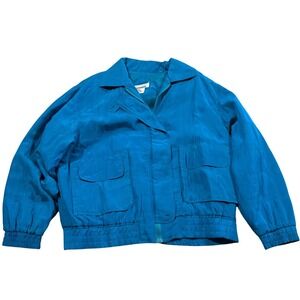 Lavon Petite Women's 100% Silk Bomber Jacket Blue Zip Utility Pockets PM EUC